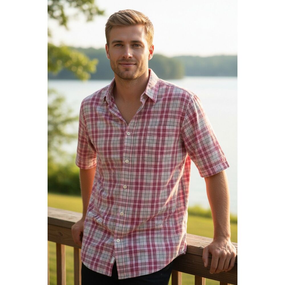 Puritan Men’s Button Down Short Sleeve Shirt. Wrinkle Resistant. Plaid. Large.